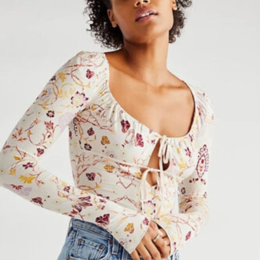 Free People Make It Easy Top in Whats Your Shade ivory floral long sleeve XS New